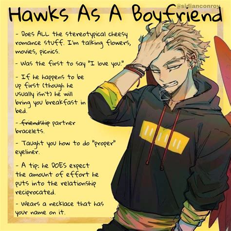 Okay, so I headcanon that Hawks has this ridiculously intricate skincare regimen with like 16 steps (of course he has different routines for night and day, hes not some heathen) He definitely follows it religiously. . Hawks headcanons